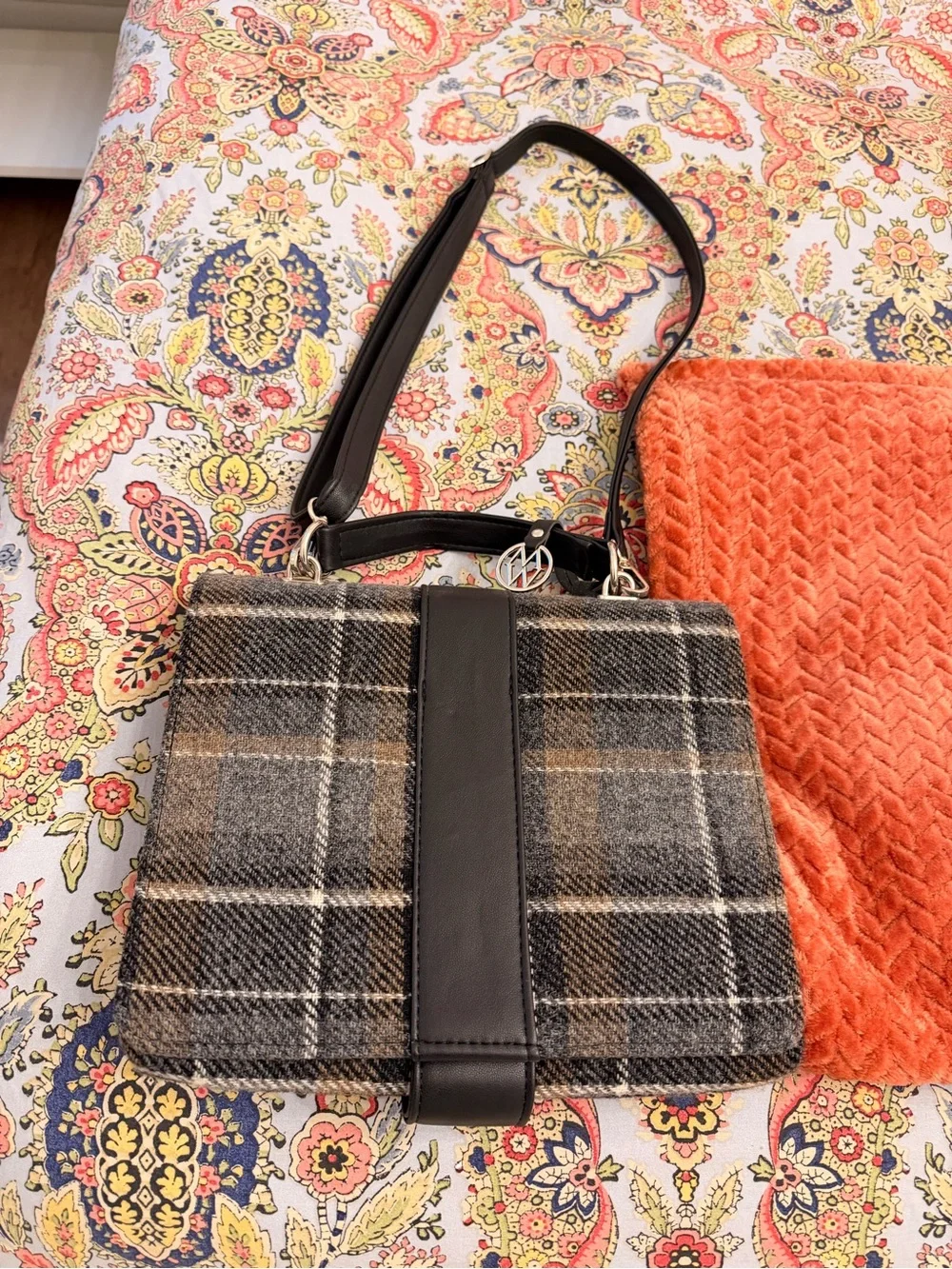 Wool Plaid Messenger Bag with Black Leather Trim